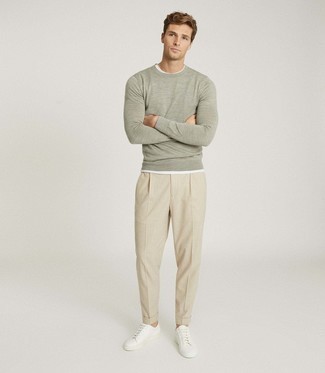 Men's Mint Crew-neck Sweater, White Crew-neck T-shirt, Beige Chinos, White Leather Low Top Sneakers