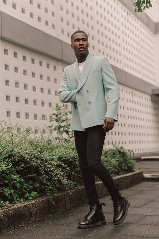 Tobacco Jeans Outfits For Men: This combination of a mint double breasted blazer and tobacco jeans is truly jaw-dropping, but it's super easy to put together. Hesitant about how to round off? Introduce black leather casual boots to this ensemble to mix things up a bit.