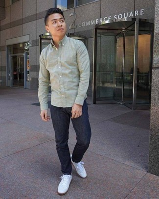 Mint Linen Long Sleeve Shirt Outfits For Men: When the setting allows a casual getup, you can rely on a mint linen long sleeve shirt and navy jeans. This getup is complemented nicely with a pair of white canvas low top sneakers.