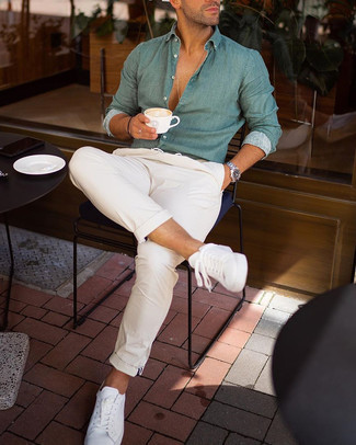 Men's Mint Chambray Long Sleeve Shirt, White Chinos, White Canvas Low Top Sneakers, Silver Watch