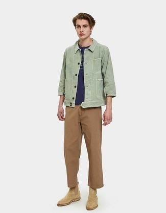 Mint Shirt Jacket Outfits For Men: For an ensemble that's street-style-worthy and casually sleek, consider wearing a mint shirt jacket and tobacco chinos. And if you want to effortlessly up the ante of your ensemble with a pair of shoes, complement this getup with a pair of tan suede chelsea boots.