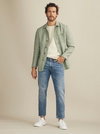 Mint Shirt Jacket Outfits For Men: Wear a mint shirt jacket with light blue jeans if you seek to look laid-back and cool without much effort. For a more relaxed twist, why not make white leather low top sneakers your footwear choice?