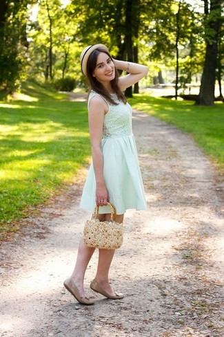 Beige Straw Handbag Outfits: Show off your outfit coordination expertise by teaming a mint skater dress and a beige straw handbag for a laid-back outfit. Inject your ensemble with a touch of sophistication with a pair of beige leather ballerina shoes.
