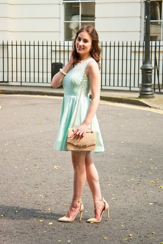 Women's Mint Skater Dress, Tan Leather Pumps, Pink Leather Crossbody Bag, White Pearl Necklace