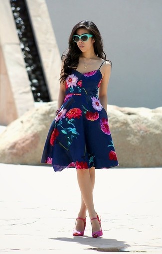 Navy Floral Skater Dress Outfits: 