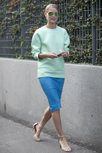 Women's Mint Sweatshirt, Aquamarine Pencil Skirt, Beige Heeled Sandals