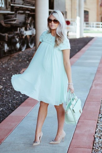 Beige Embellished Suede Pumps Outfits: For To assemble a casual look with a modern finish, rock a mint swing dress. Complete your look with a pair of beige embellished suede pumps to serve a little outfit-mixing magic.