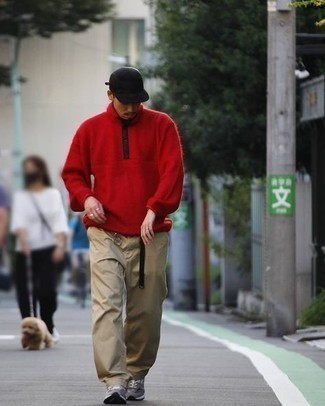 Men's Red Fleece Mock-Neck Sweater, Khaki Chinos, Grey Athletic Shoes, Black Baseball Cap