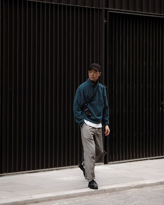 Grey Linen Chinos Outfits: This smart combo of a teal fleece mock-neck sweater and grey linen chinos is super easy to pull together without a second thought, helping you look on-trend and ready for anything without spending a ton of time searching through your closet. And it's a wonder how a pair of black leather desert boots can transform an outfit.