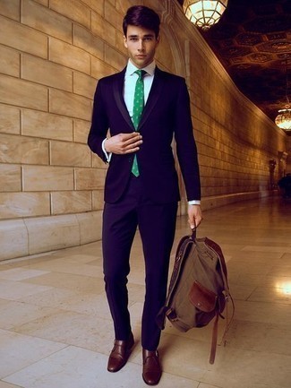 Men's Brown Canvas Backpack, Brown Leather Monks, White Check Dress Shirt, Violet Suit