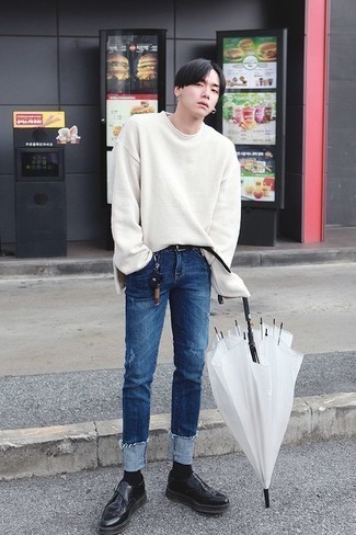 White Crew-neck Sweater with Jeans Outfits For Men In Their Teens: 