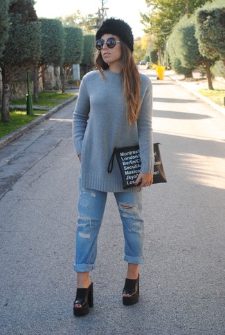 Women's Black and White Print Leather Clutch, Black Chunky Leather Mules, Light Blue Ripped Boyfriend Jeans, Grey Crew-neck Sweater