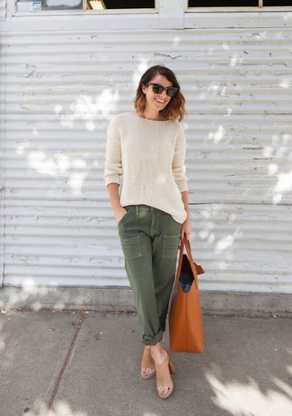 Women's Tobacco Leather Tote Bag, Tan Leather Mules, Olive Cargo Pants, Beige Oversized Sweater