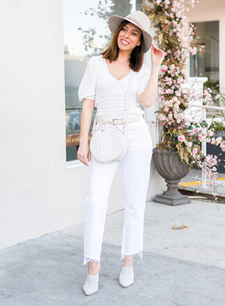 Women's White Leather Crossbody Bag, White Leather Mules, White Flare Jeans, White Short Sleeve Sweater