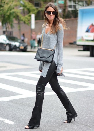 Women's Black Leather Crossbody Bag, Black Leather Mules, Black Leather Flare Pants, Grey V-neck Sweater