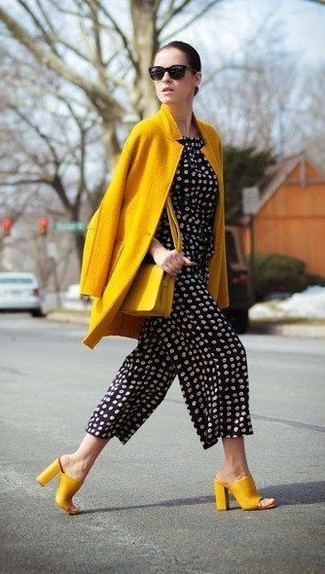 Women's Yellow Leather Crossbody Bag, Yellow Leather Mules, Black and White Polka Dot Jumpsuit, Yellow Coat