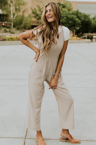 Women's Red Print Bandana, Tan Leather Mules, Beige Vertical Striped Jumpsuit, White Crew-neck T-shirt