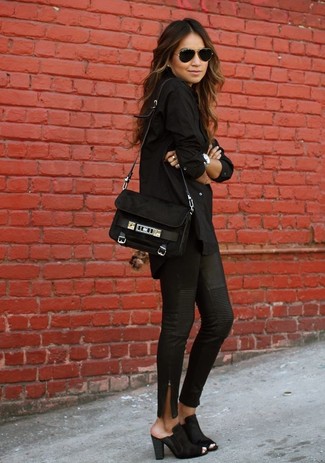 Women's Black Suede Crossbody Bag, Black Suede Mules, Black Leather Skinny Jeans, Black Dress Shirt