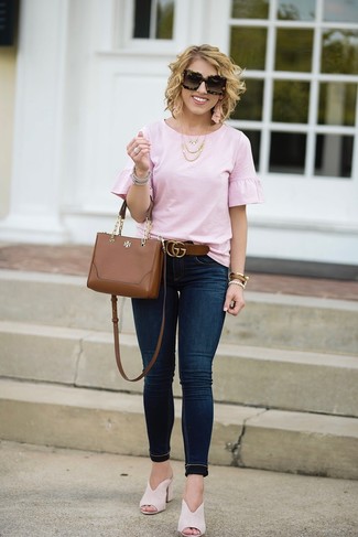Women's Brown Leather Crossbody Bag, Beige Suede Mules, Navy Skinny Jeans, Pink Ruffle Short Sleeve Blouse