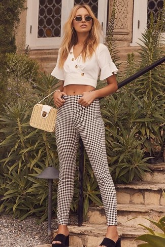 Women's Beige Straw Handbag, Black Suede Mules, Black and White Gingham Skinny Pants, White Cropped Top