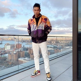 Multi colored Jacket Outfits For Men: Wear a multi colored jacket and white jeans to demonstrate you've got expert sartorial prowess. If you're hesitant about how to round off, a pair of white and red leather low top sneakers is a surefire option.