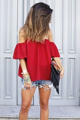 Women's Gold Bracelet, Multi colored Leather Clutch, Blue Ripped Denim Shorts, Red Off Shoulder Top
