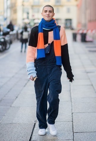 Men's Multi colored Crew-neck Sweater, Navy Overalls, White Canvas Low Top Sneakers, Blue Horizontal Striped Scarf