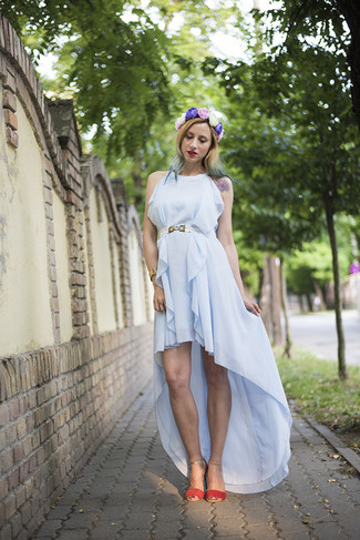 Light Blue Ruffle Silk Midi Dress Outfits: 