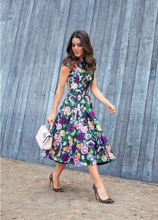 Multi colored Floral Skater Dress Outfits: Wear a multi colored floral skater dress for both chic and easy-to-style getup. Introduce a pair of tan leopard calf hair pumps to the mix to instantly switch up the getup.