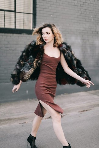 Burgundy Bodycon Dress Outfits: When the situation calls for a polished yet neat outfit, you can always rely on a burgundy bodycon dress and a multi colored fur jacket. A pair of black suede ankle boots will tie the whole thing together.