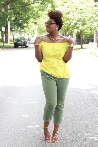 Women's Gold Necklace, Multi colored Leather Gladiator Sandals, Olive Chinos, Yellow Off Shoulder Top