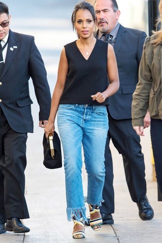Kerry Washington wearing Black Suede Clutch, Multi colored Leather Heeled Sandals, Blue Fringe Jeans, Black Sleeveless Top