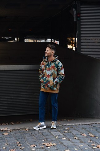 Camouflage Hoodie Outfits For Men: For a laid-back look with an edgy take, you can rock a camouflage hoodie and navy jeans. And it's amazing how a pair of grey athletic shoes can update an ensemble.