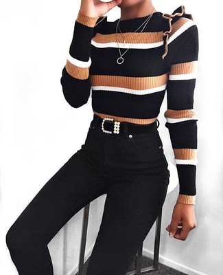 Black Suede Belt Outfits For Women: Go for a simple but at the same time casual and cool ensemble by opting for a multi colored horizontal striped crew-neck sweater and a black suede belt.