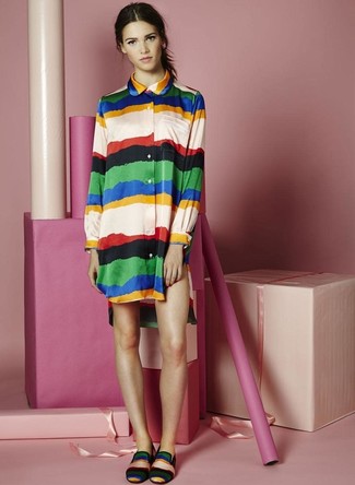 Women's Multi colored Horizontal Striped Shirtdress, Multi colored Horizontal Striped Suede Loafers