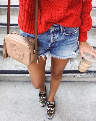 Women's Tan Leather Crossbody Bag, Multi colored Print Leather Loafers, Blue Denim Shorts, Red Cable Sweater