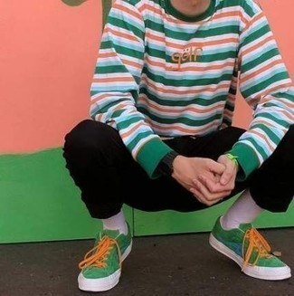 Multi colored Horizontal Striped Long Sleeve T-Shirt Outfits For Men: If you like laid-back looks, why not dress in a multi colored horizontal striped long sleeve t-shirt and black chinos? Green canvas low top sneakers look perfectly at home paired with this look.