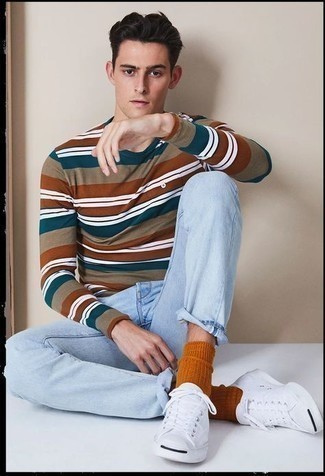 Men's Multi colored Horizontal Striped Long Sleeve T-Shirt, Light Blue Jeans, White Canvas Low Top Sneakers, Tobacco Socks