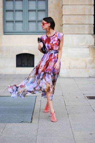 Women's Multi colored Print Midi Dress, Red Leather Heeled Sandals, Black Leather Clutch, Red Sunglasses