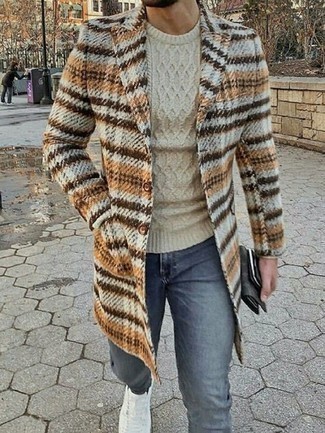 Men's Multi colored Plaid Overcoat, White Cable Sweater, Blue Jeans, White Canvas Low Top Sneakers