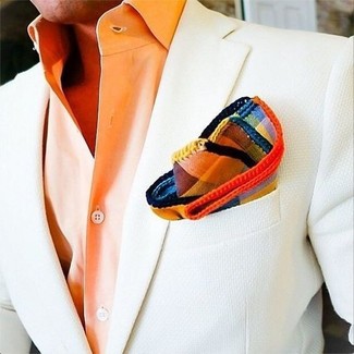 Men's Multi colored Plaid Pocket Square, Orange Dress Shirt, White Blazer
