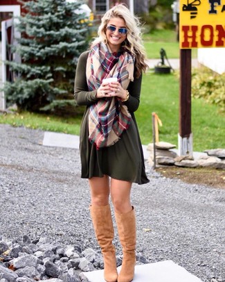Tan Suede Knee High Boots Outfits: 