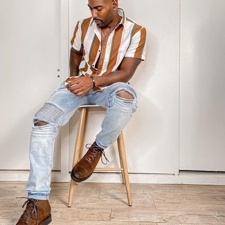 Men's Multi colored Vertical Striped Short Sleeve Shirt, Light Blue Ripped Jeans, Brown Suede Chelsea Boots, Silver Bracelet
