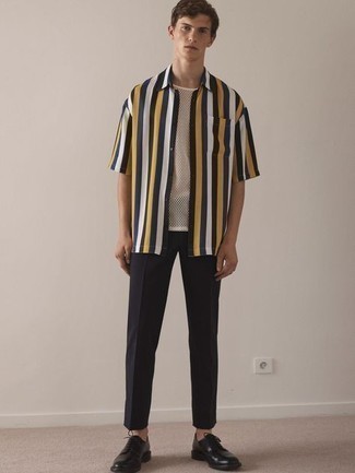 Men's Multi colored Vertical Striped Short Sleeve Shirt, White Mesh Crew-neck T-shirt, Black Chinos, Black Leather Derby Shoes