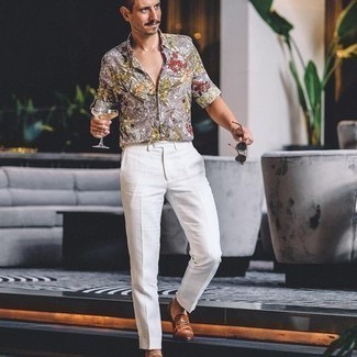 Tobacco Leather Loafers Outfits For Men: For an ensemble that's casually sleek and gasp-worthy, consider teaming a multi colored floral short sleeve shirt with white dress pants. Want to go all out in the footwear department? Complete your ensemble with a pair of tobacco leather loafers.