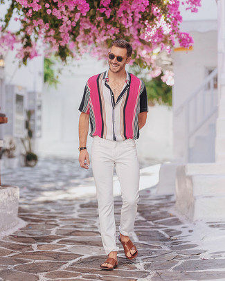 Brown Leather Sandals Outfits For Men: The formula for casual city style? A multi colored vertical striped short sleeve shirt with white skinny jeans. Take this ensemble a more laid-back path by wearing a pair of brown leather sandals.