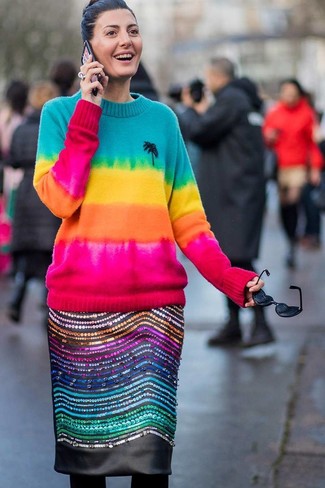 Black Wool Tights Outfits: For something on the casual and cool end, wear this combination of a multi colored tie-dye crew-neck sweater and black wool tights.