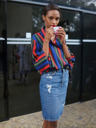 Multi colored Button Down Blouse Outfits: This casual combination of a multi colored button down blouse and a blue ripped denim pencil skirt is capable of taking on different moods depending on the way it's styled.