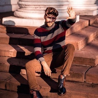 Brown Corduroy Chinos Outfits: This pairing of a multi colored horizontal striped wool turtleneck and brown corduroy chinos is uber stylish and provides instant off-duty cool. Feeling bold? Switch up your look by slipping into black leather casual boots.