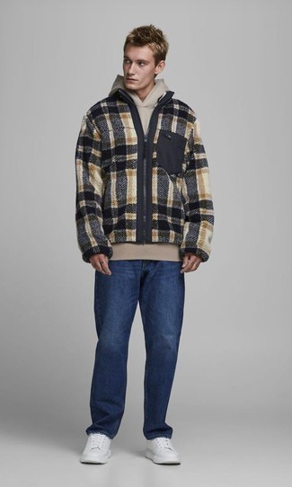 Men's Multi colored Check Fleece Zip Sweater, Beige Hoodie, Navy Jeans, White Leather Low Top Sneakers
